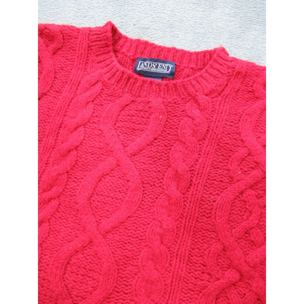 Lands End Red Cable Knit Sweater Women's Medium (10-12) Red Crew Neck 100% Wool